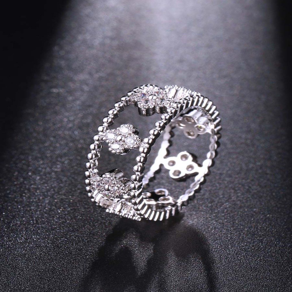 women four-leaf clover 3A zircon rings platinum