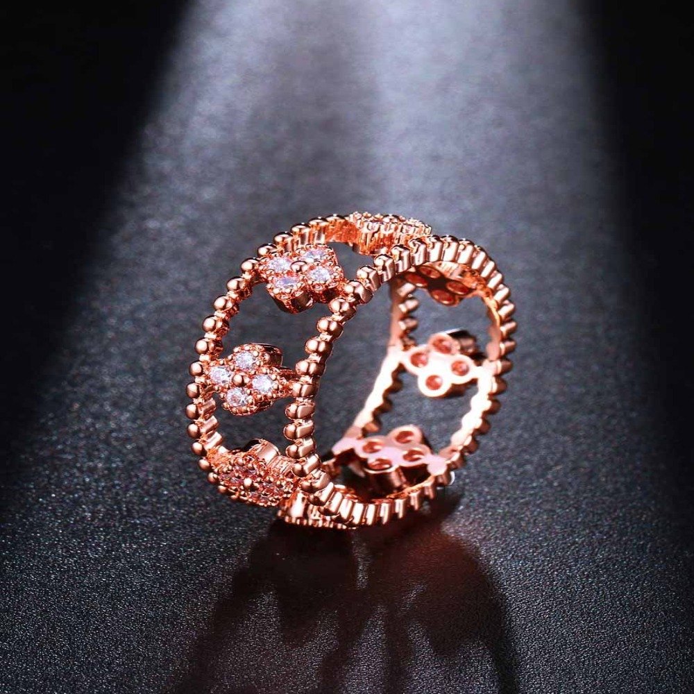 women four-leaf clover 3A zircon rings rose gold